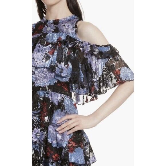 Alice + Olivia Size 10 Nichola Black Blue Red Cold Shoulder Ruffled Floral Dress - Picture 2 of 16